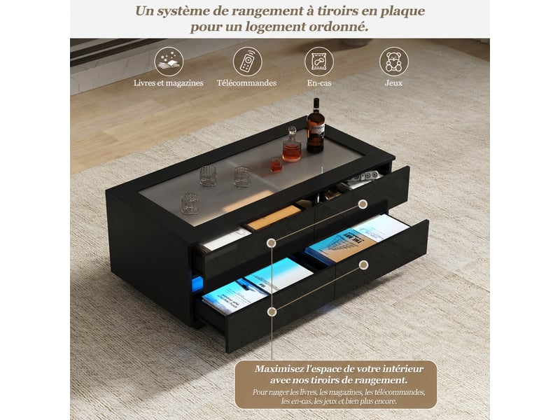 Table basse noire moderne avec 4 tiroirs, plateau en verre trempé et éclairage led, 100 x 50 x 40 cm - Conforama C