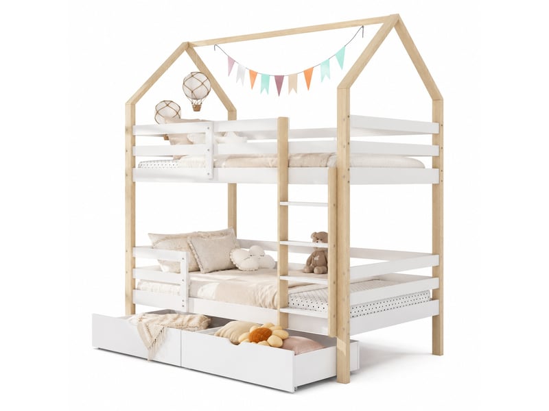 Lit superposé enfant 90x200 cm – blanc et chêne – forme maison, échelle fixe, 2 tiroirs, sans matelas - Conforama A