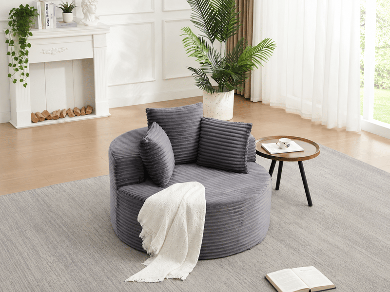  Fauteuil lounge rond 110 cm en velours côtelé, 1 place, assise mousse et ressorts, 3 coussins, gris, design moderne  - Conforama B