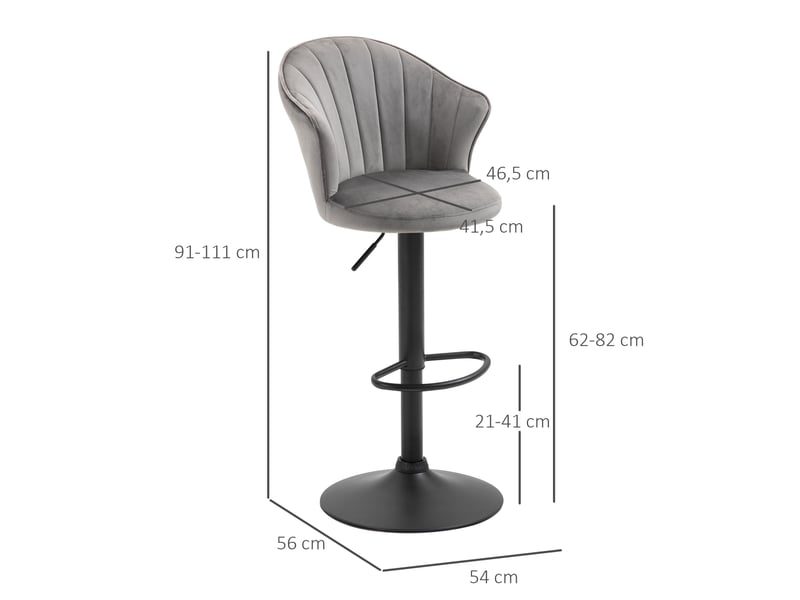  Lot de 2 tabourets de bar pivotants réglables en hauteur avec dossier coquille et repose-pieds, en tissu gris  - Conforama D