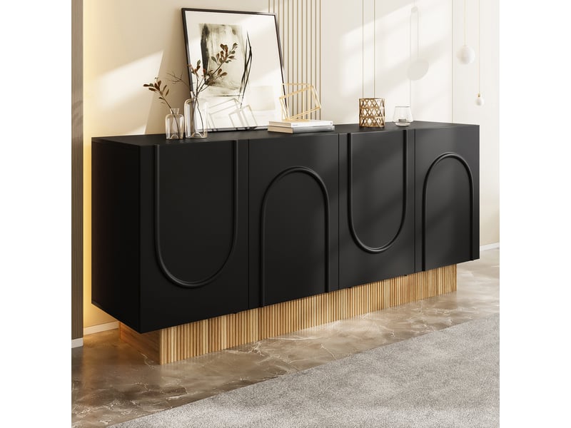  Buffet 160x75x38 cm avec 4 portes, meuble de rangement à 4 compartiments, façades à relief en u et socle décor bois, finition mate, noir OPULERANE TRADING LTD - Conforama D