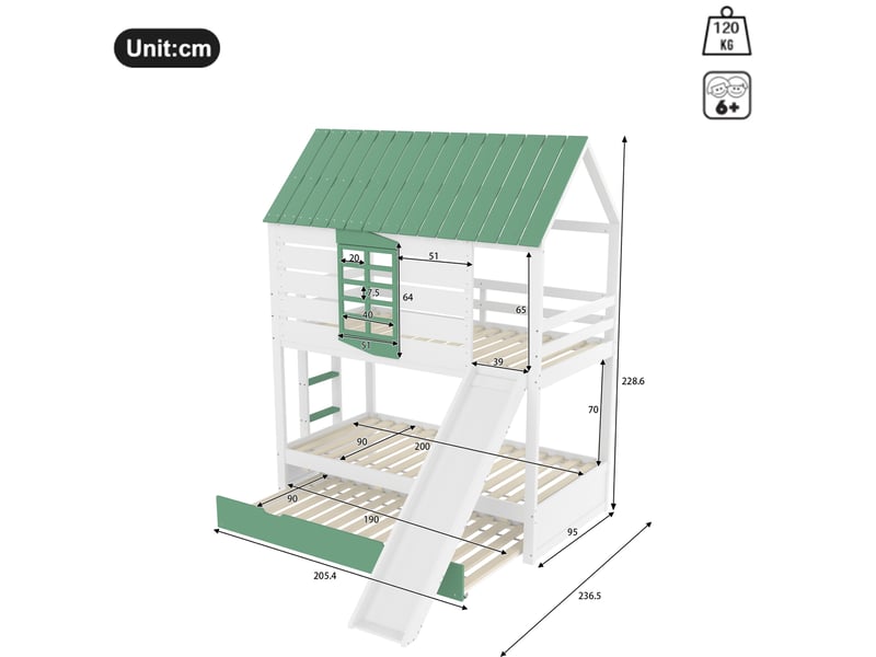  Lit superposé enfant 90x200 cm en forme de maison avec toboggan et lit gigogne blanc et vert  - Conforama E