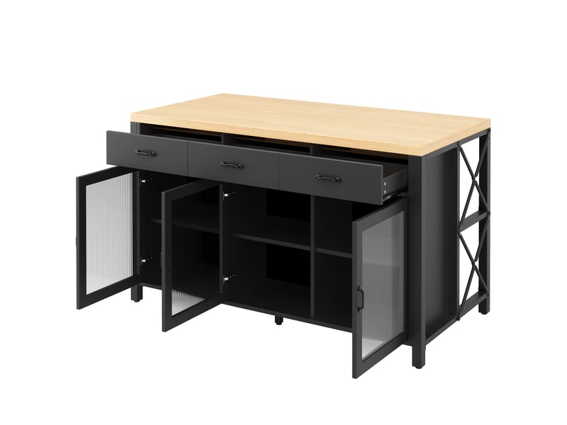  Îlot central de cuisine, 150 x 80 x 90 cm, portes vitrées, avec 3 tiroirs, coloris noir et naturel, pour maison et appartement  - Conforama C