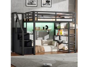 Lit mezzanine ulevr 140x200 avec rangements, bibliothèque intégrée, armoire, escalier de rangement et led, métal noir