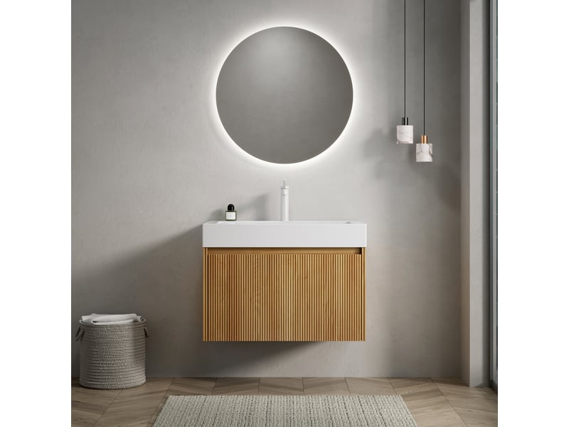  Meuble sous vasque avec tiroir led à fermeture douce - lpospi - vasque intégrée en résine bois naturel blanc  - Conforama B