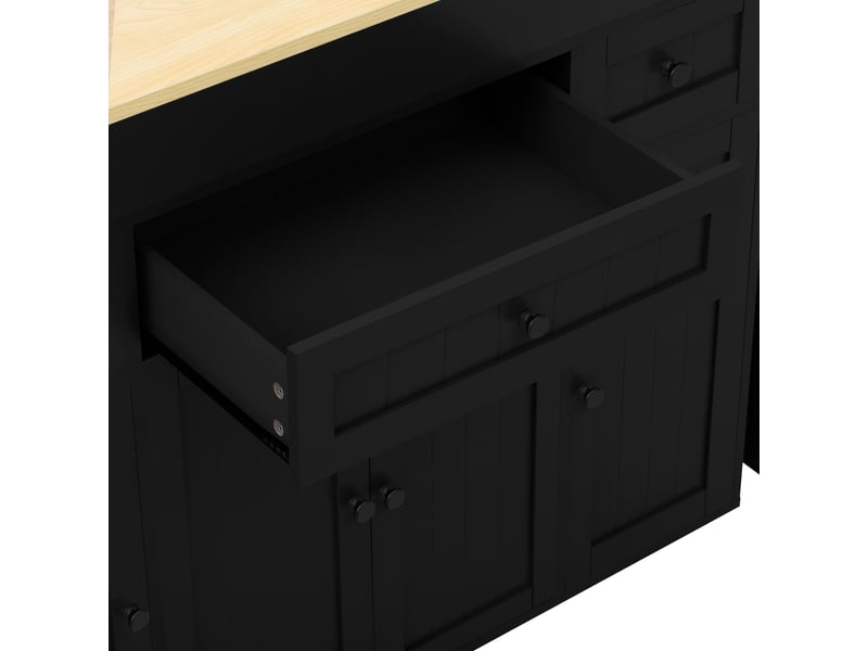 Îlot de cuisine extensible, table coulissante, 4 portes, 3 tiroirs, étagères réglables, roulettes, noir et bois - Conforama E