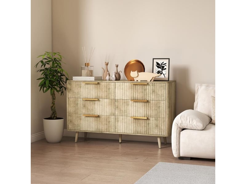  Commode 6 tiroirs scandinave avec poignées et pieds de pin, pour chambre à coucher, salon, couloir, 120x40x76cm, chêne  - Conforama B