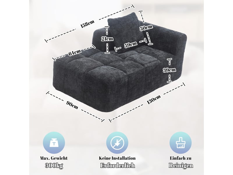 Canapé tissu en chenille douce avec coussin,canapé avec poches latérales,canapé modulable,design moderne noir 158x90x60cm - Conforama A
