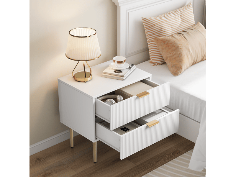 Table de chevet 53x41,5x52,5 cm, 2 tiroirs, chevet chambre moderne, meuble nuit, pieds métal, rangement, mdf, blanc  - Conforama E
