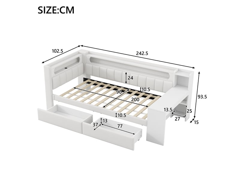  Lit simple 90x200 cm rembourré avec bureau, tiroirs, led et prises usb blanc  - Conforama C