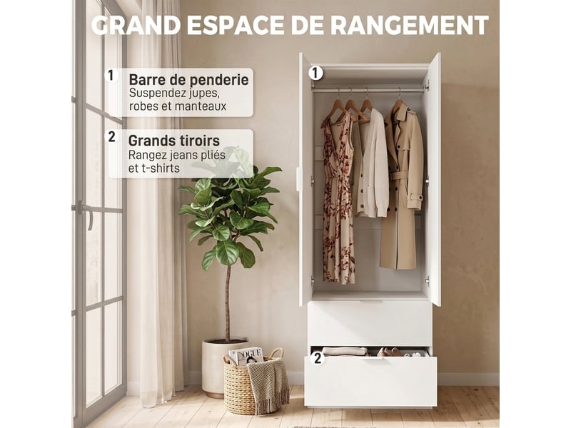  Armoire chambre penderie avec 2 tiroirs, 2 portes à fermeture douce et barre de suspension, 60 x 47 x 180 cm, blanc  - Conforama D