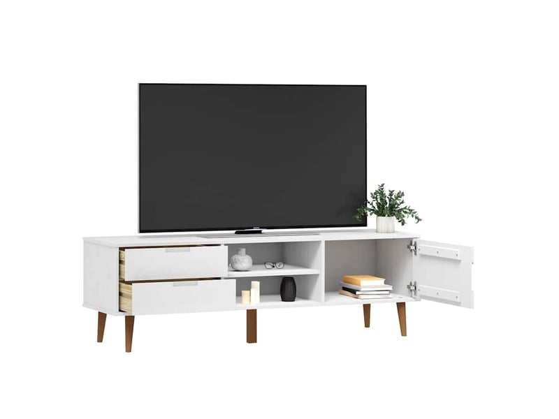  Meuble tv - banc tv - meuble de rangement molde blanc 158x40x49 cm bois de pin massif  - Conforama E
