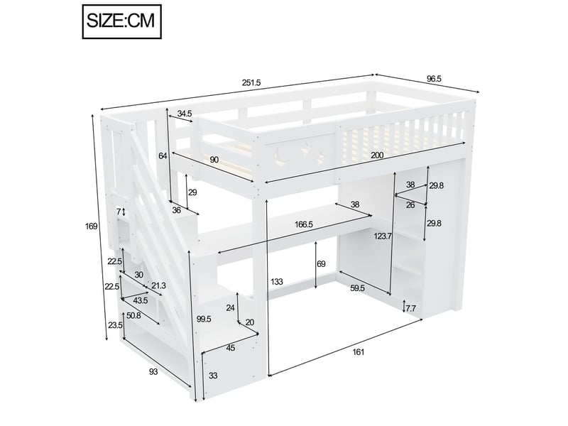  Lit mezzanine en bois 90 × 200 cm, avec garde-corps unique, incluant bureau, éclairage led, étagères ouvertes et armoire, blanc  - Conforama C