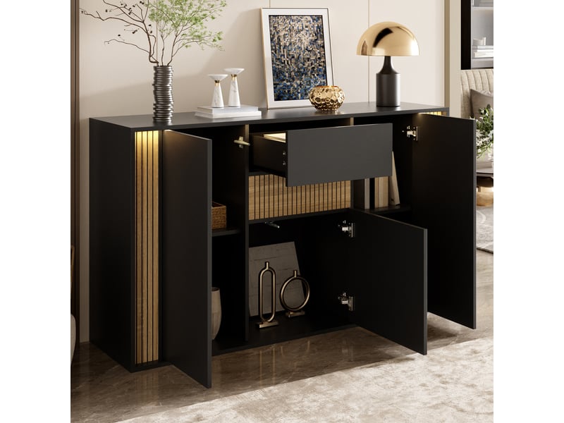  Buffet noir et bois naturel 140x40x82 cm, meuble de rangement 3 portes 1 tiroir avec led  - Conforama W