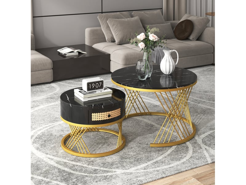  Tables basses gigognes rondes avec 1 tiroir et 2 plateaux, style moderne, pour salon, en mdf, noir et doré  - Conforama C