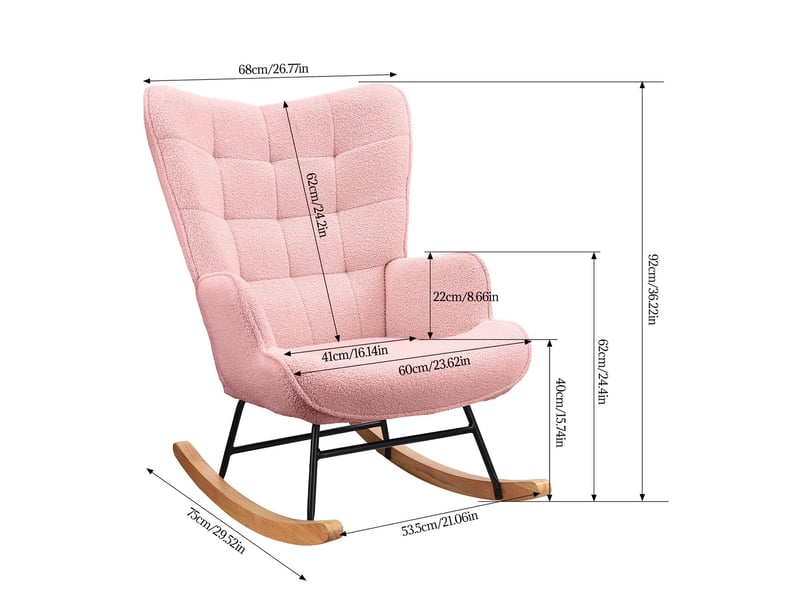  Fauteuil à bascule - 75x68x92cm - rocking chair en tissu bouclette avec dossier capitonnée et pieds en bois - rose  - Conforama E