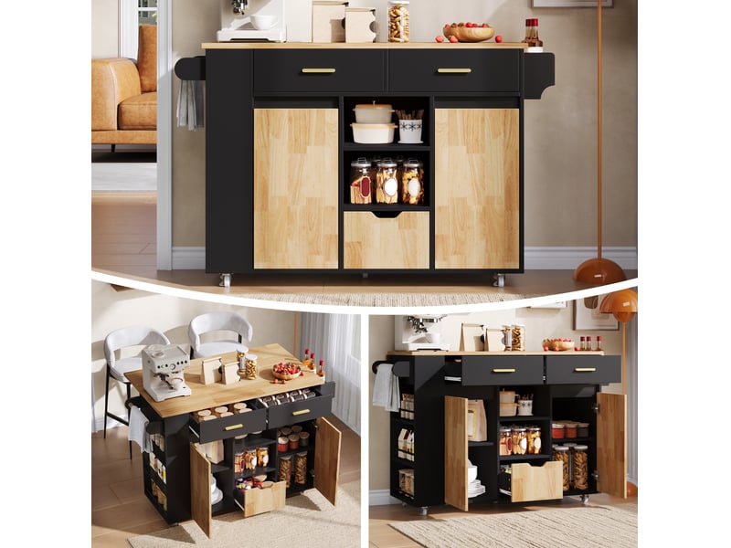 Desserte de cuisine 120 x 45(71) cm avec plateau rabattable, 3 tiroirs, noir naturel - Conforama D