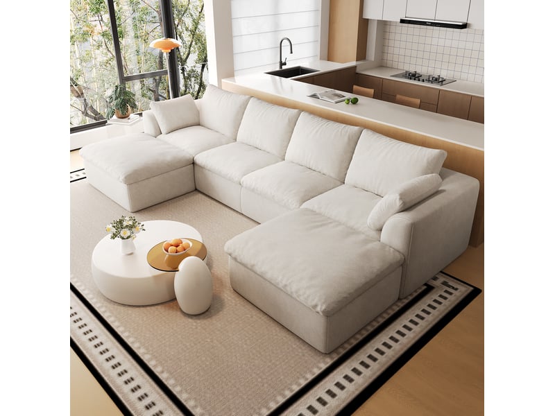  Canapé nuage panoramique en u 6 places 310x155x83 cm en tissu beige blanc  - Conforama E