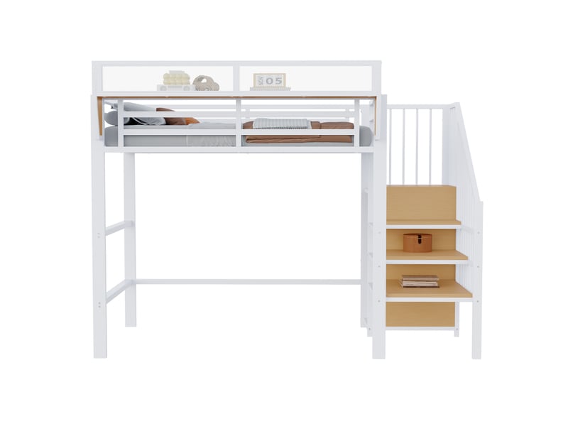  Lit mezzanine 90x200 cm en métal blanc avec échelle sécurisée et étagère modulable  - Conforama A
