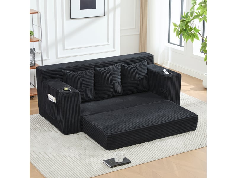  Canapé modulable 3 places modenvie en velours côtelé noir avec porte-gobelets et poches latérales 172 x 87 x 64 cm  - Conforama D