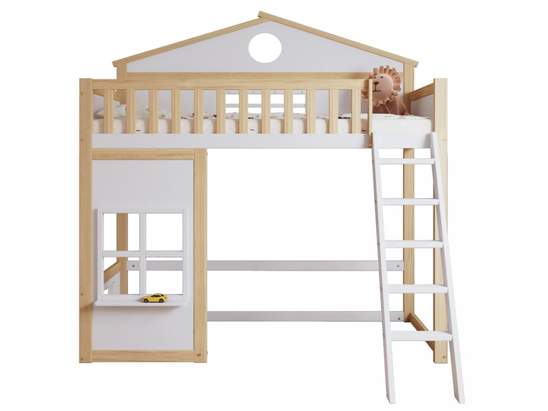  Lit superposé maison 90x200 cm, sécurité, toit avec fenêtres, escalier inclus, bois mdf, blanc naturel avec matelas  - Conforama A