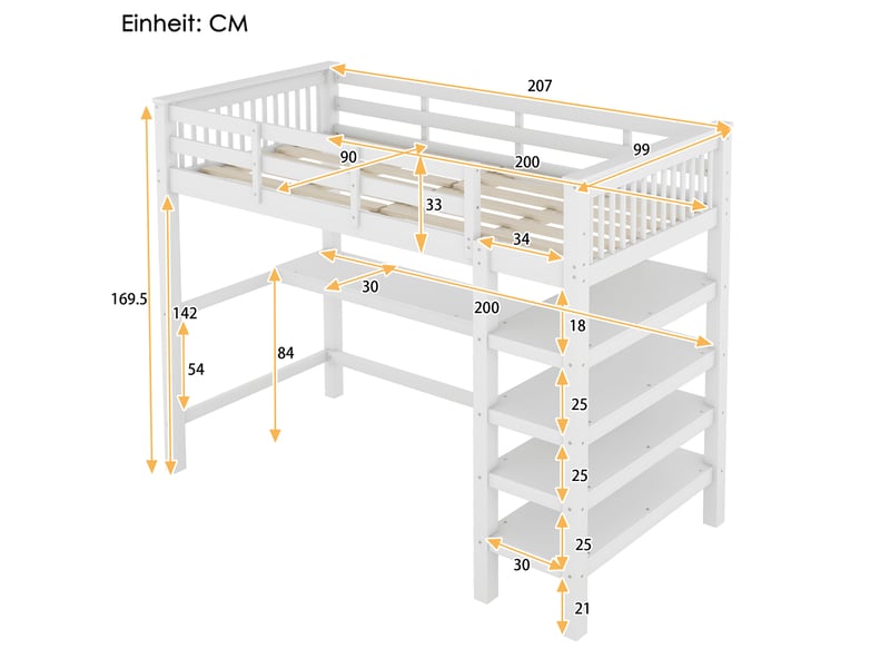  Lit mezzanine enfant 90 × 200 cm 1 place avec bureau et étagères, sans matelas, en pin et mdf, blanc  - Conforama D