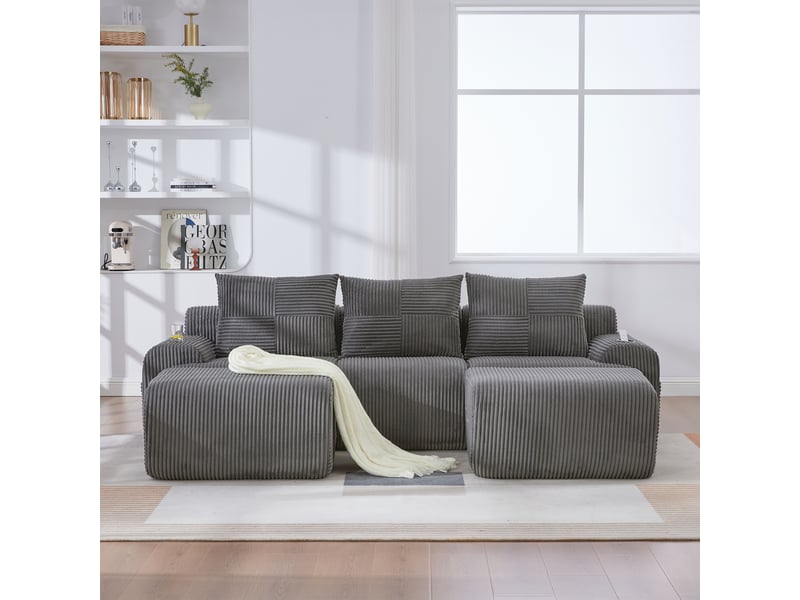  Canapé d'angle panoramique fixe 3 places tissu gris foncé  - Conforama D