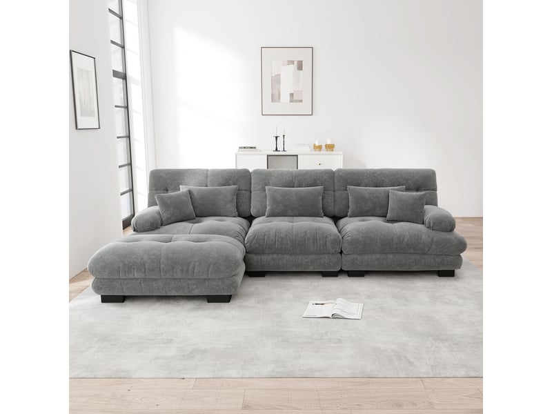  Canapé d'angle modulable en chenille gris avec ottomans mobiles et coussins d'appoint pour salon  - Conforama B