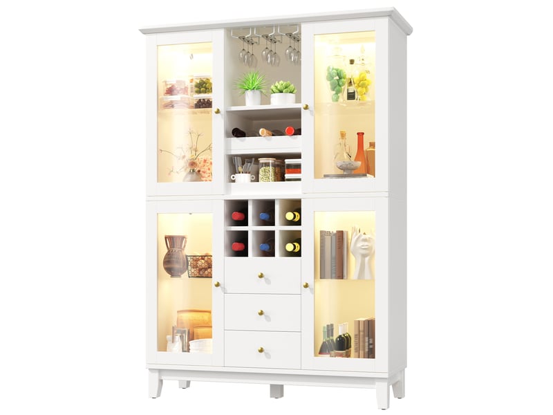  Buffet led connecté 120x40x180,5cm avec 3 tiroirs,porte-verres et casier à bouteilles meuble bar vaisselier avec vitrines,mdf et métal,blanc  - Conforama A