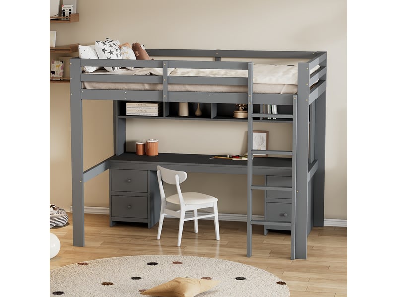  Lit mezzanine enfant 90 x 200 cm avec bureau intégré, 4 tiroirs et 4 niches, en pin massif et mdf, gris  - Conforama B