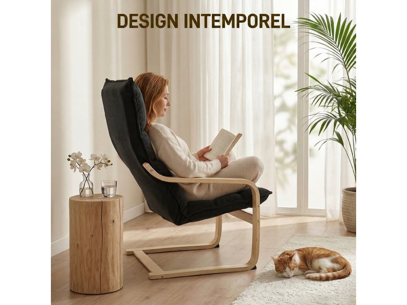  Fauteuil salon, fauteuil de loisirs moderne, fauteuil chambre avec accoudoirs incurvés, coussins, 67 x 83 x 105 cm, noir  - Conforama E