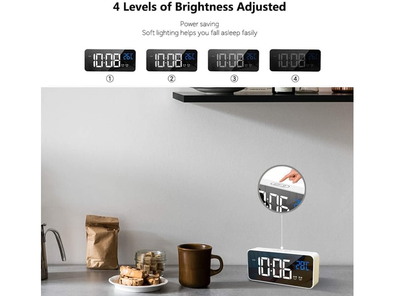 Réveil numérique avec grand affichage de la température led, alarme de miroir portable avec double alarme roupillon temps gradateur(blanc) - Conforama C
