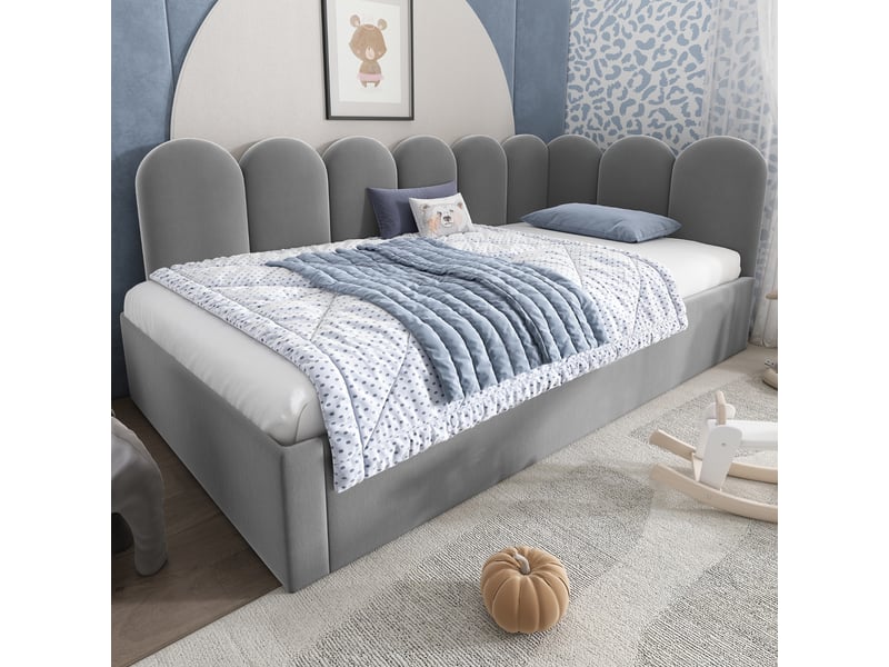  Lit gigogne enfant 90x200 cm design à barreaux, convertible avec roulettes, sommier, velours, gris, sans matelas  - Conforama B