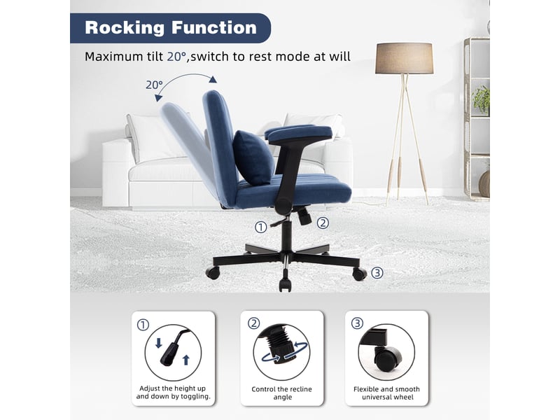  Chaise de bureau pivotante 360° à hauteur réglable - accoudoirs rabattables, velours - bleu  - Conforama E