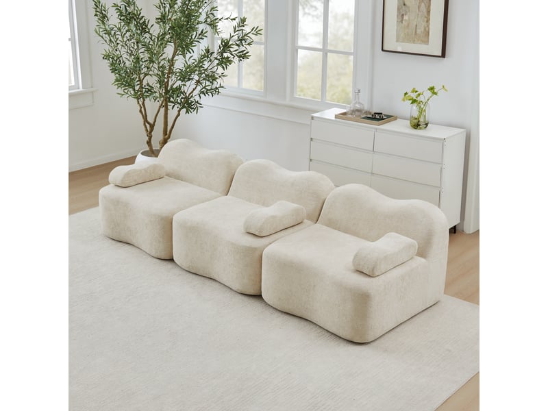  Canapé modulaire 3 places avec assise profonde et coussin d’accoudoir, en velours beige  - Conforama C