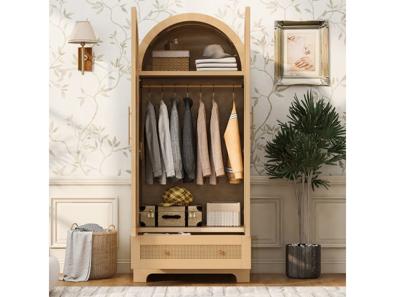  Armoire 2 portes 70 x 55 x 170 cm avec tiroirs et portes effet rotin, bois clair  - Conforama E