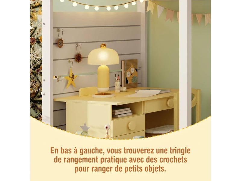 Lit superposé enfant 90x200 cabane avec fenêtre - escalier rangement et protection anti-chute - bois massif blanc - Conforama E