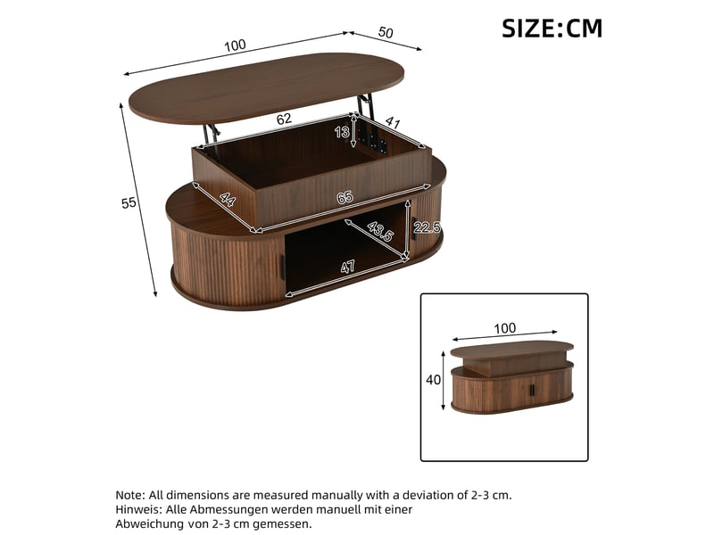  Table basse ovale relevable 100x50x40 cm avec rangement, mdf, finition noyer  - Conforama E