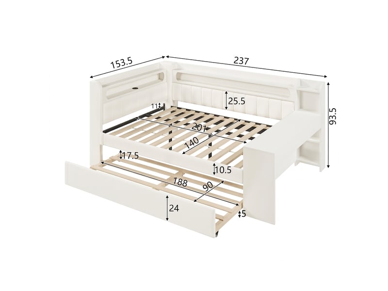  Lit capitonné 140x200 blanc, lit avec led et port usb, bureau intégré  - Conforama E