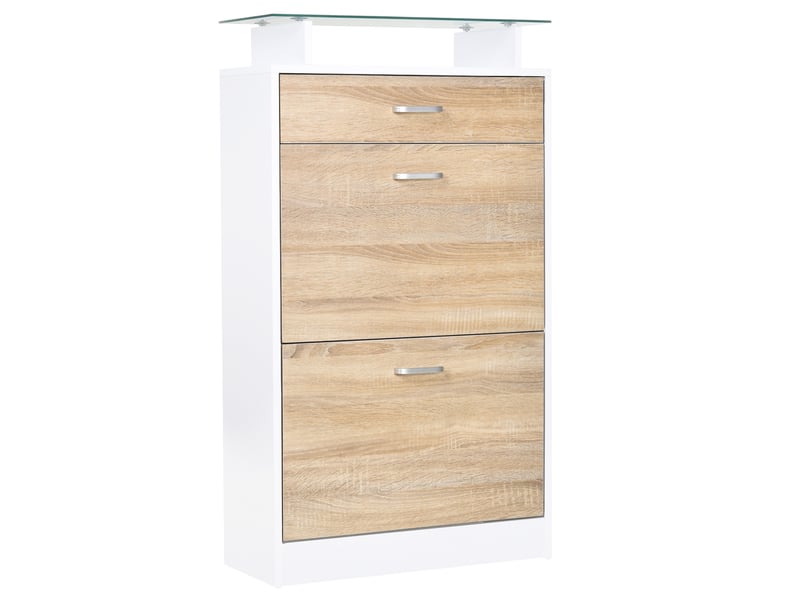  Armoire à chaussures meuble rangement chaussures 2 portes abattantes 2 compartiments, plateau en verre - bois chêne blanc, tiroir  - Conforama B