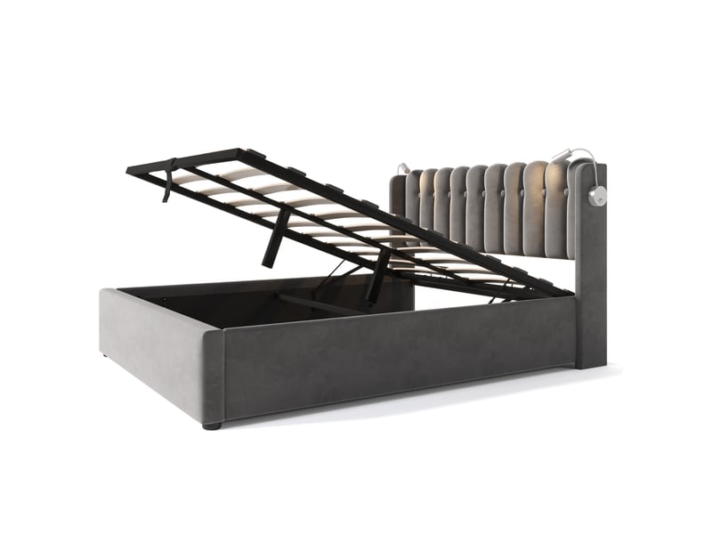  Lit coffre,160x200 cm,avec led et usb,velours,gris  - Conforama D