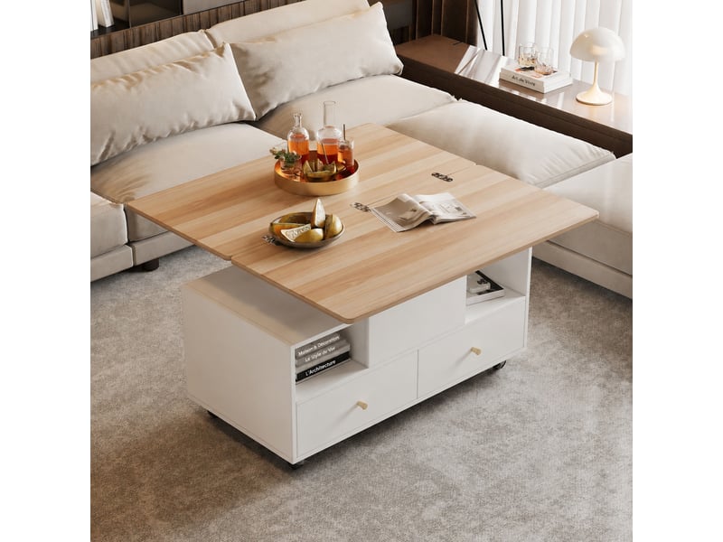 Table basse relevable hydraulique, extensible, 4 tiroirs, roulettes, 100 x 50, blanc et effet noyer - Conforama D