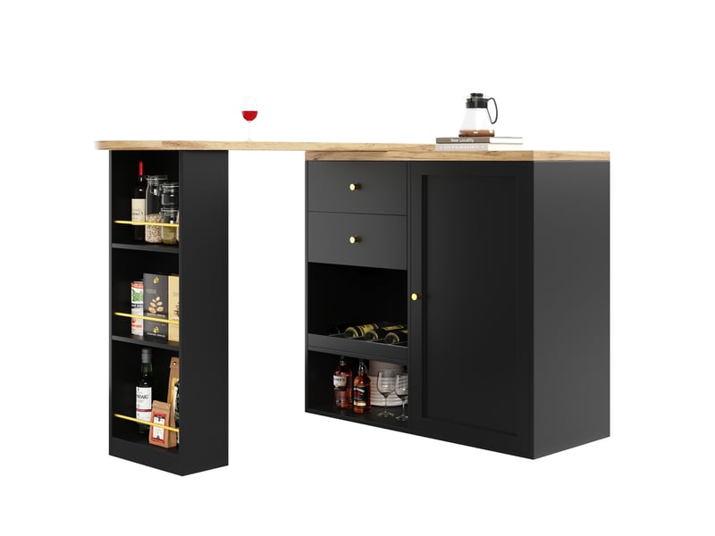  Desserte bar pivotante 138 x 39 x 102 cm noire en mdf, 2 tiroirs, porte et étagères latérales ouvertes  - Conforama A