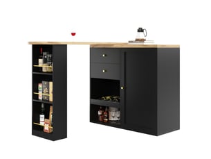 Desserte bar pivotante 138 x 39 x 102 cm noire en mdf, 2 tiroirs, porte et étagères latérales ouvertes