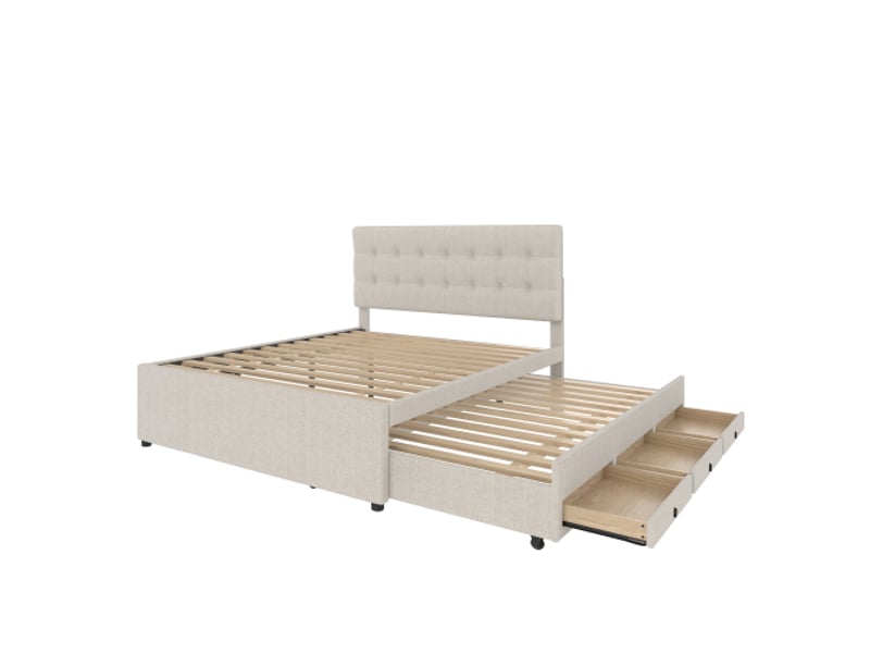  Lit gigogne 140x200 cm, lit double avec 3 tiroirs et tête de lit réglable, tissu en lin, beige, sans matelas  - Conforama E