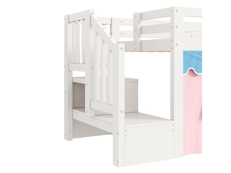  Lit mezzanine enfant 90×200 cm avec led, rideaux occultants et rangement, pin et mdf blanc sans matelas  - Conforama D