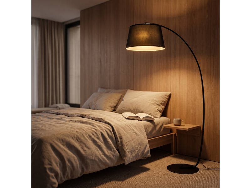  Lampadaire arco avec abat-jour en tissu pour salon, douille e27 (ampoule non incluse), interrupteur au pied, noir  - Conforama E