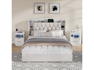 Table de chevet style luxe blanc à texture cannelée 60×40×40 cm, 2 tiroirs avec tiroir caché, éclairage led rgb, station de charge prises secteur, usb‑a et usb‑c, compartiment de rangement ouvert