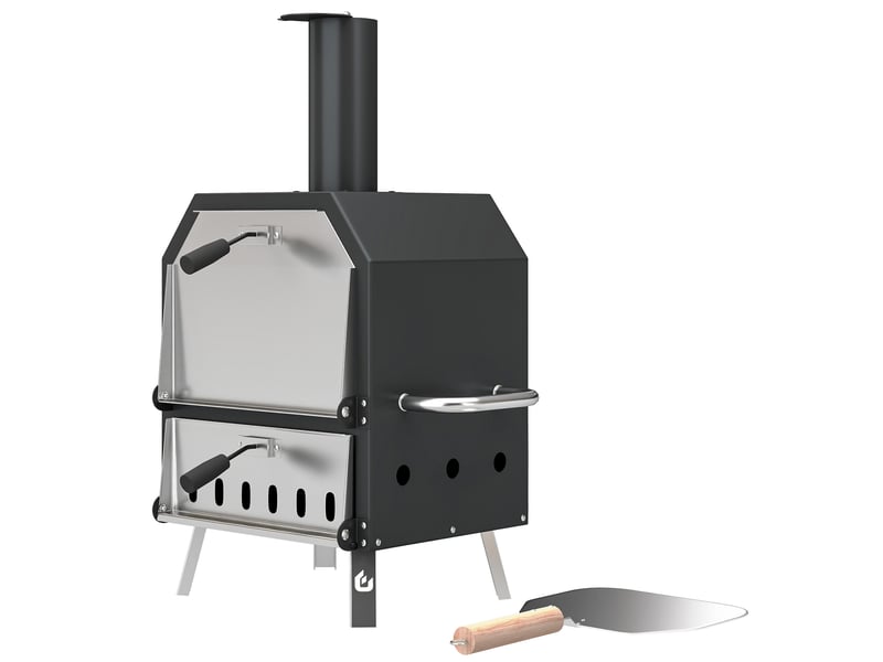 Four à pizza extérieur bois et charbon fumoir 2 étages pierre réfractaire pelle  - Conforama E