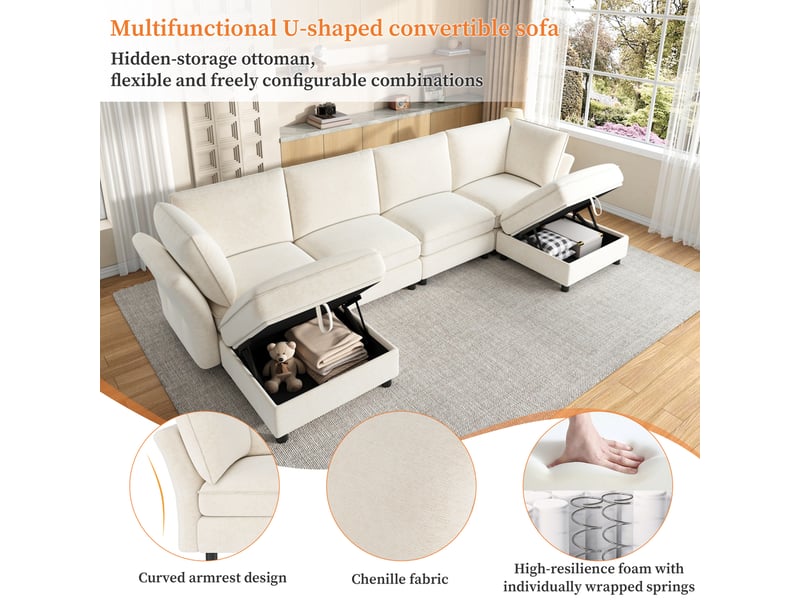 Canapé d'angle modulable en u, tissu chenille beige 6 places, avec poufs de rangement & coussins amovibles pour salon et grand appartement. - Conforama E